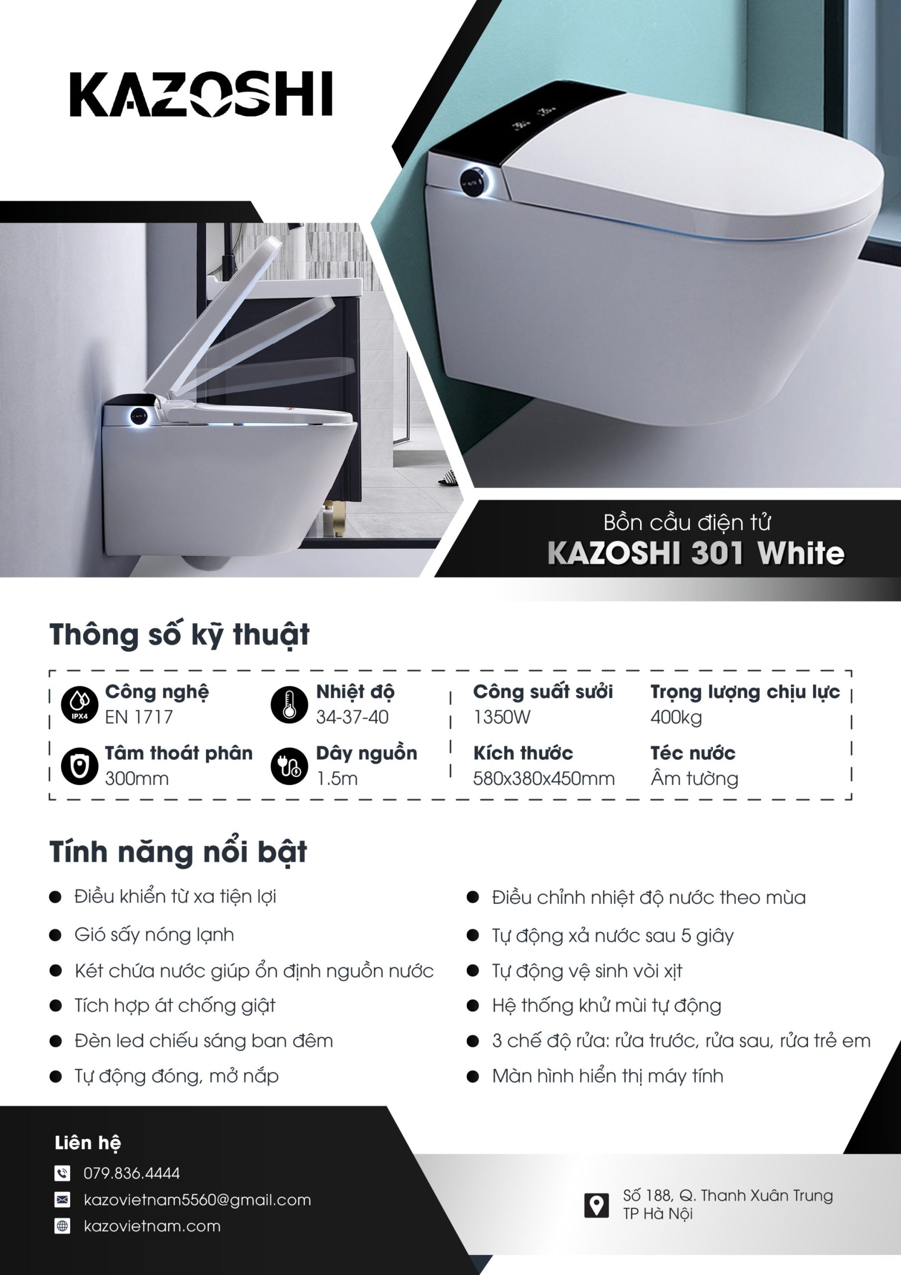Mô tả bồn cầu thông minh Kazoshi 301 White