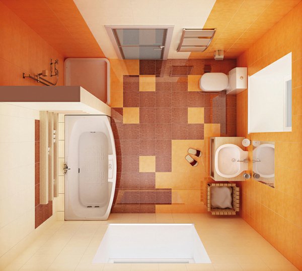Phòng tắm nổi bật với màu cam của gạch ốp, cách sắp xếp ngẫu nhiên gạch dưới sàn màu nâu cũng mang lại sự thú vị cho không gian.