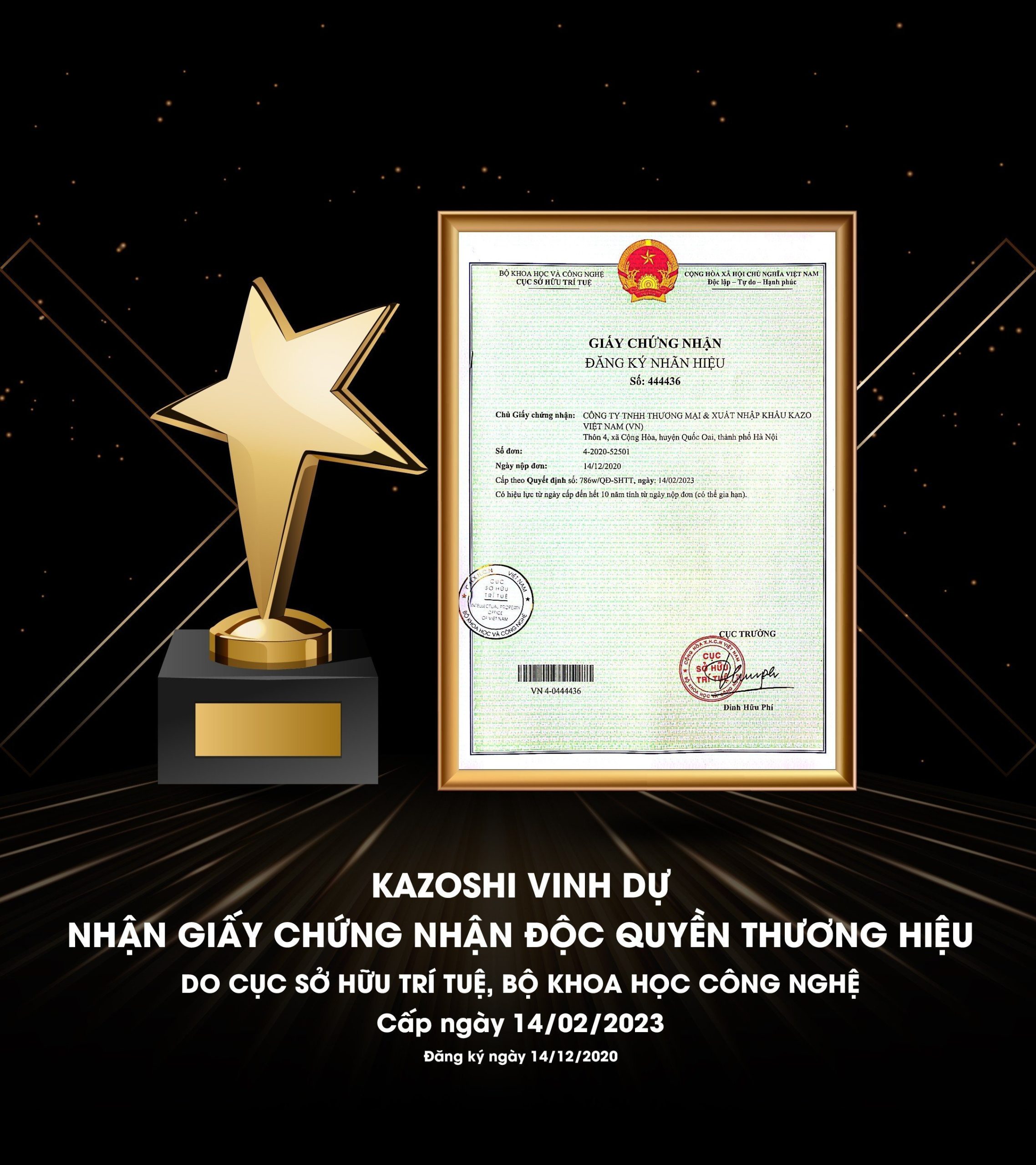 Kazoshi Việt Nam vinh dự được nhận giấy chứng nhận độc quyền thương hiệu