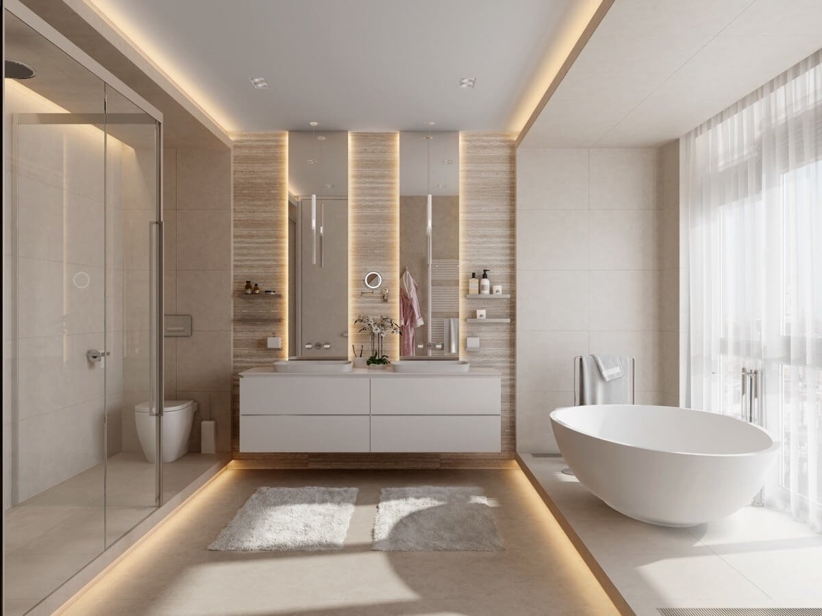 Đèn led có thể sử dụng trên tường, dưới sàn hay sau gương để tạo điểm nhấn cho phòng tắm cũng như là một nguồn sáng chiếu sáng hiệu quả