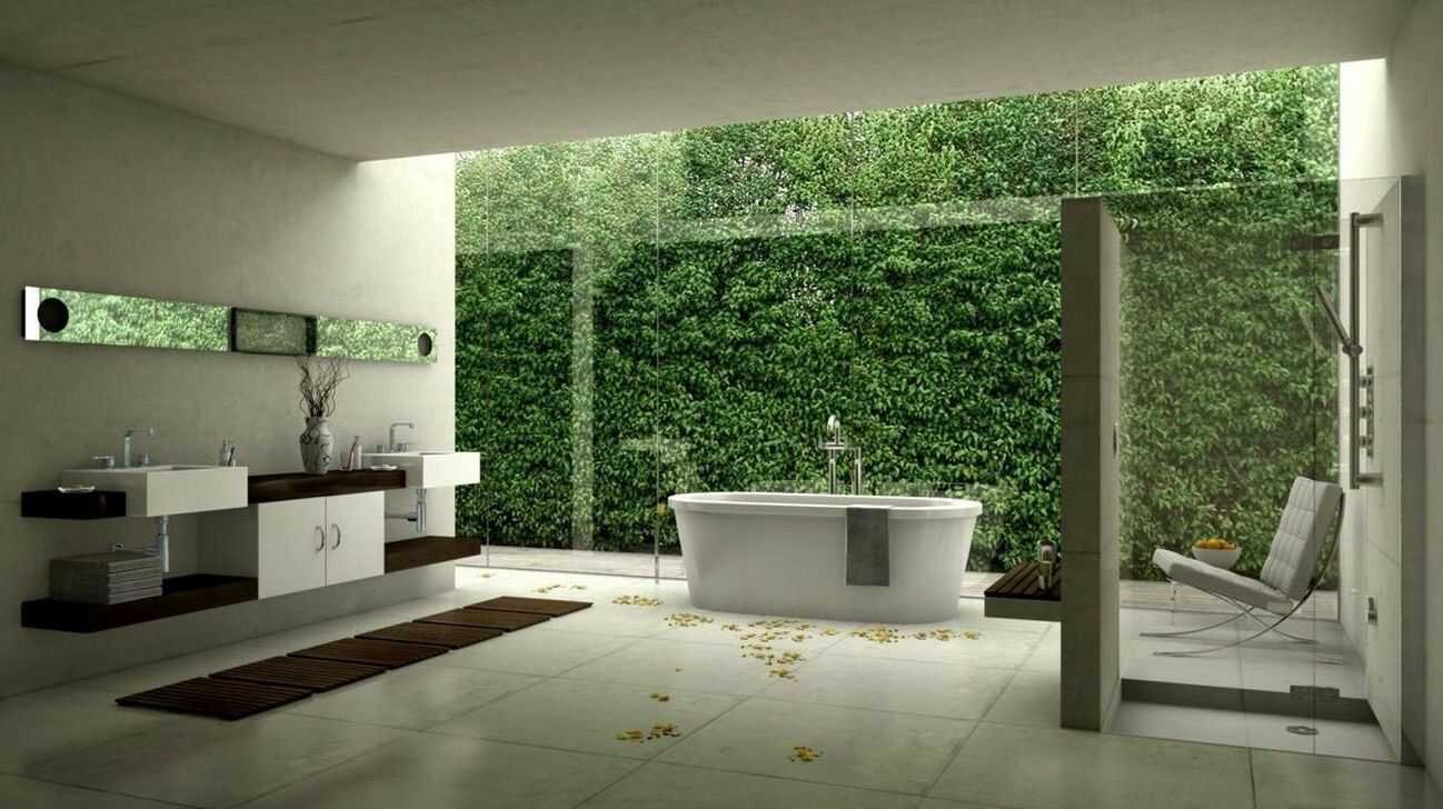 Thay vì không gian trong phòng làm tâm điểm, có thể sử dụng mảng xanh tự nhiên bên ngoài làm phong cách chủ đạo cho nhà vệ sinh